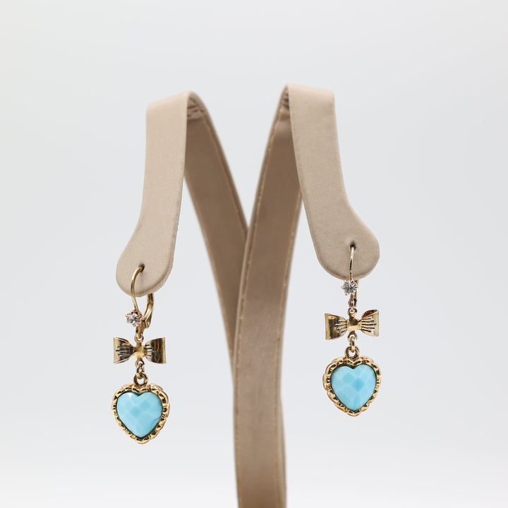 Betsy Johnson Faux Turquoise Dangled Heart with Bow and White Crystal Clasp Earrings