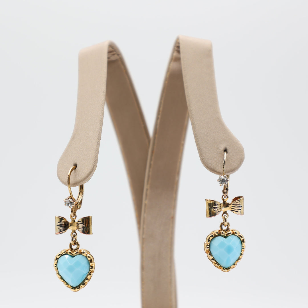 Betsy Johnson Faux Turquoise Dangled Heart with Bow and White Crystal Clasp Earrings