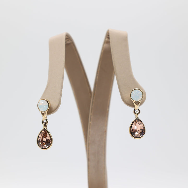 Swarovski Yellow Gold Tone Pink Crystal Teardrop and White Foggy Crystal with Dangle Earrings