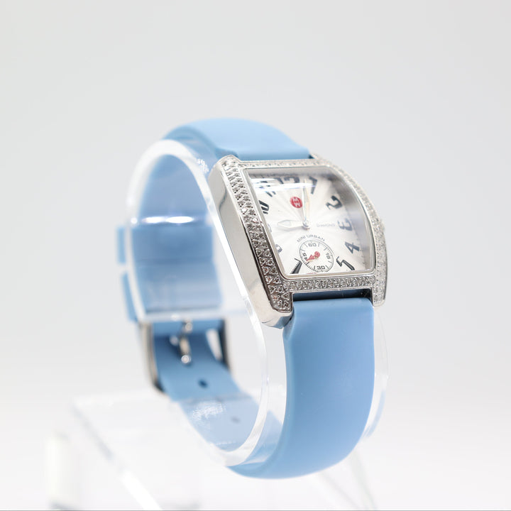 Michele Silver Halo Sapphire Crystals watch with Light Blue Band