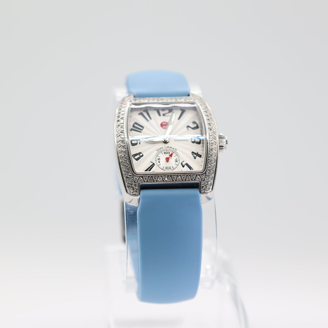 Michele Silver Halo Sapphire Crystals watch with Light Blue Band