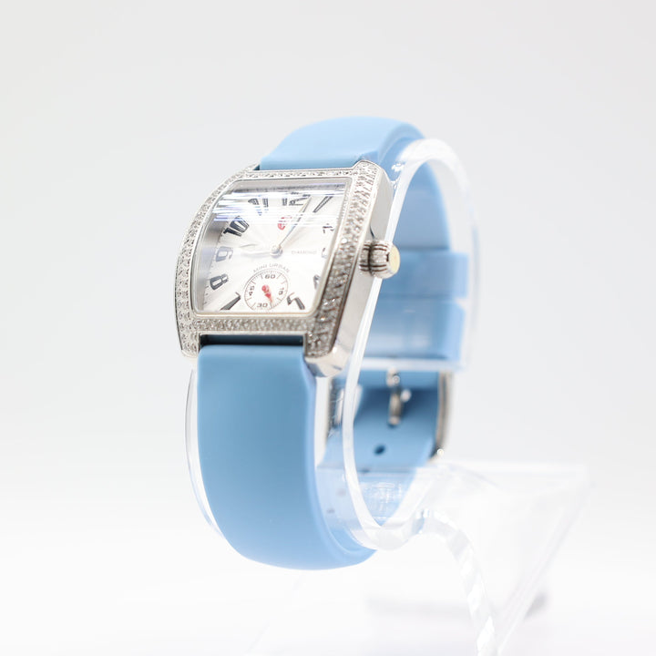 Michele Silver Halo Sapphire Crystals watch with Light Blue Band