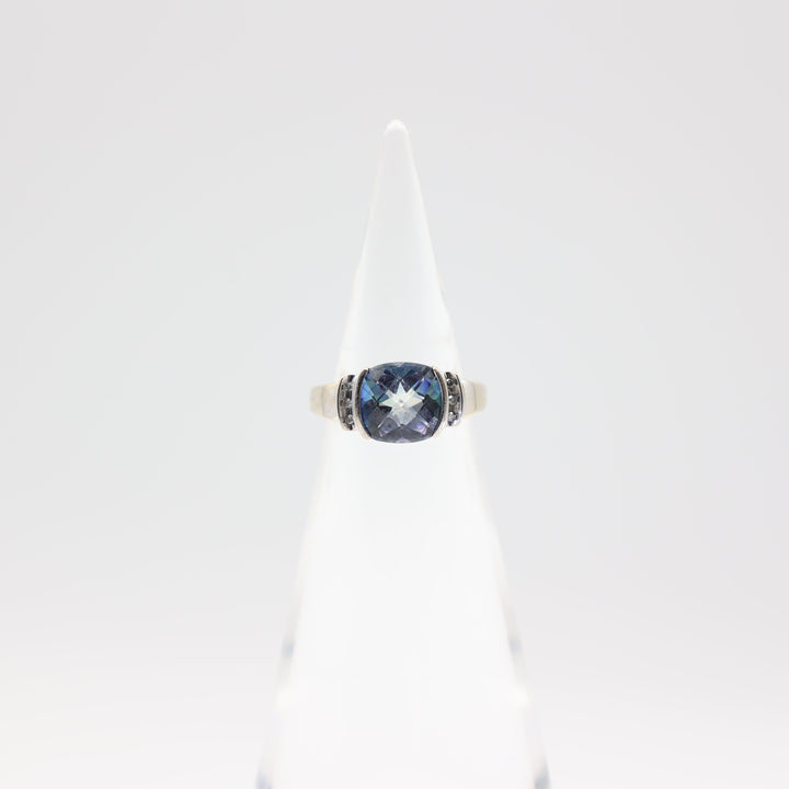10k White Gold Blue Topaz 8x9mm with White Sapphires Ring - Size 5.75