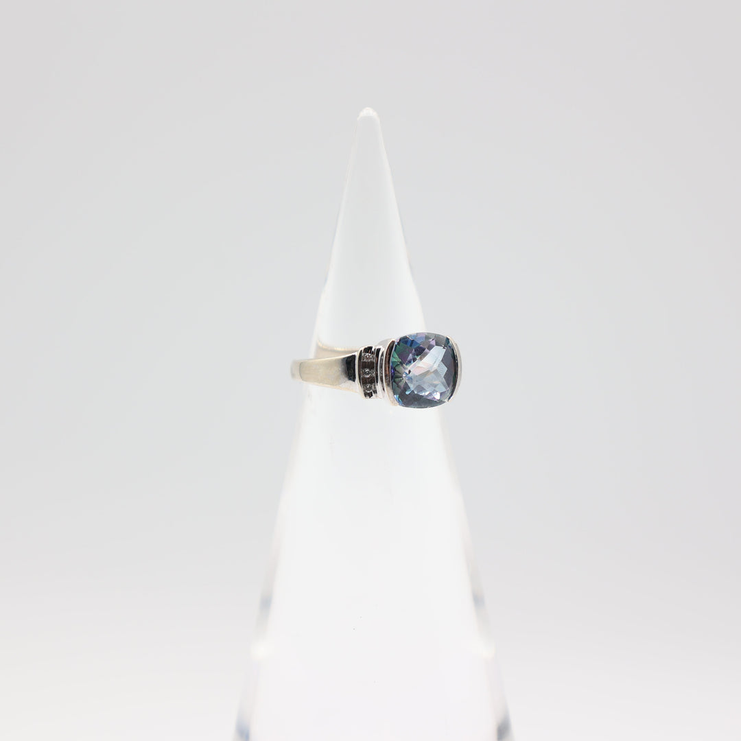 10k White Gold Blue Topaz 8x9mm with White Sapphires Ring - Size 5.75