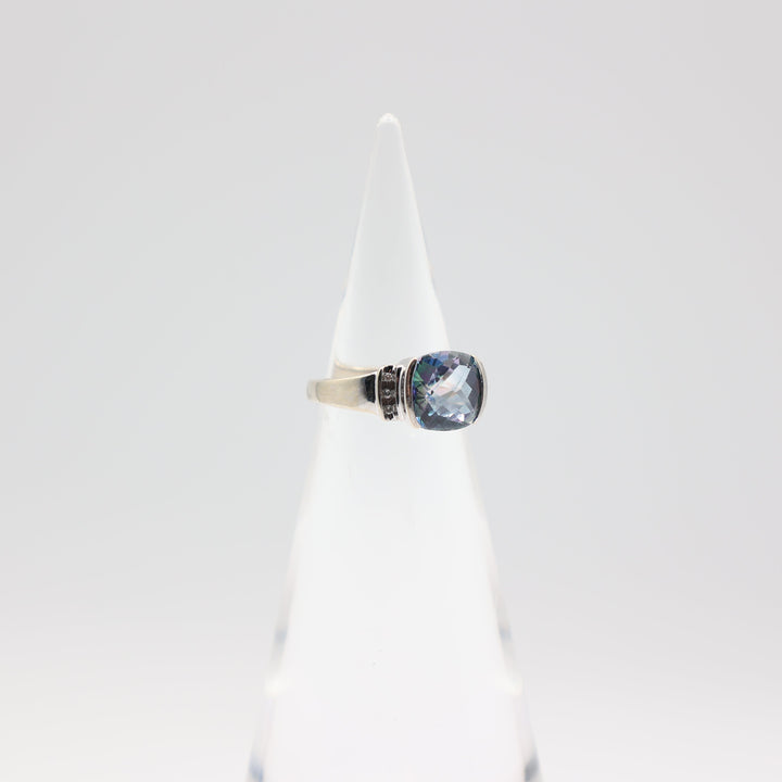 10k White Gold Blue Topaz 8x9mm with White Sapphires Ring - Size 5.75