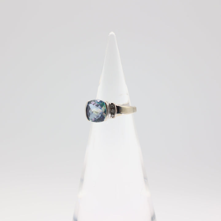 10k White Gold Blue Topaz 8x9mm with White Sapphires Ring - Size 5.75