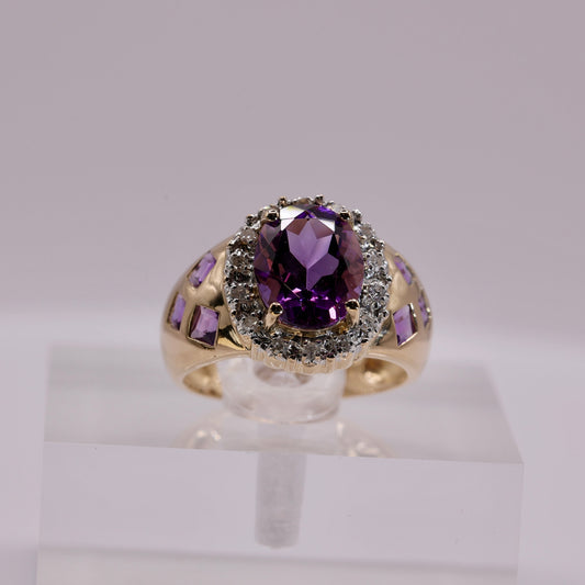 14k Yellow Gold Oval 2.5 ct Amethyst and 0.18ctw Diamond Halo Ring Size 6