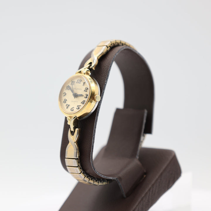 Helbros Vintage Ladies Round Gold Tone Quartz S Bracelet Wristwatch