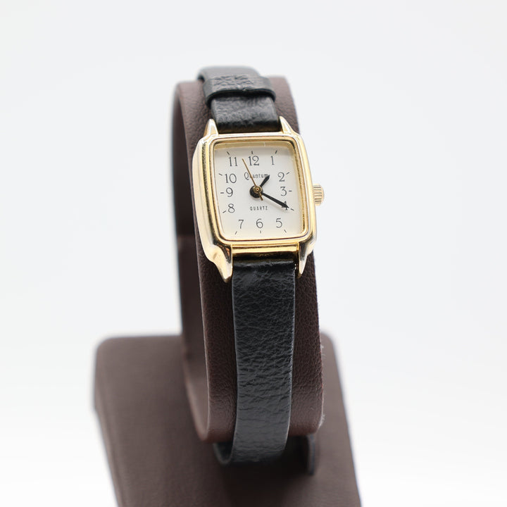 Quantum Women's Small Square Watch with Gold Trim and Black Leather Band