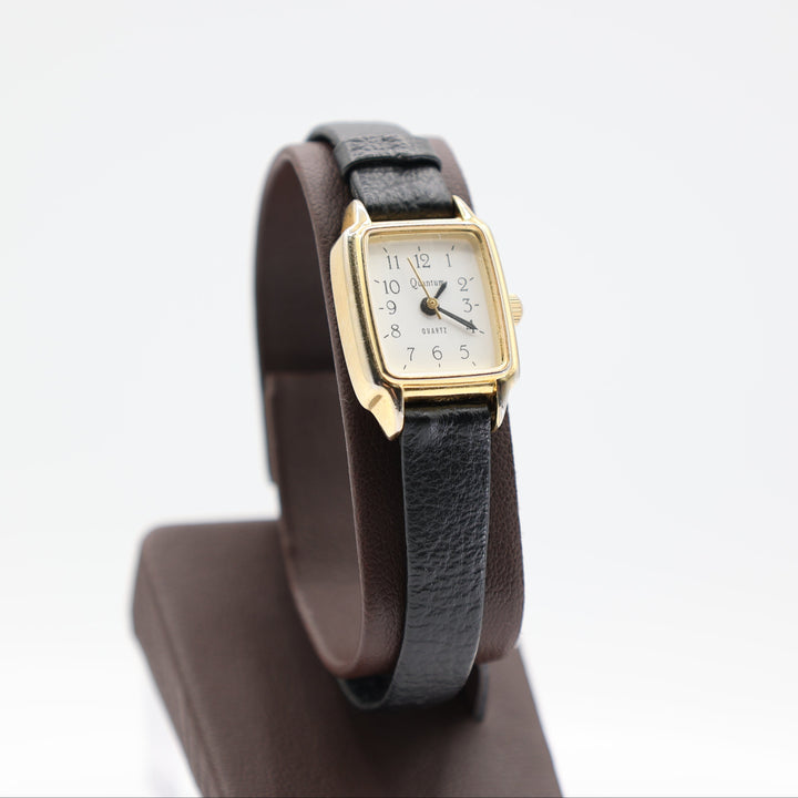 Quantum Women's Small Square Watch with Gold Trim and Black Leather Band
