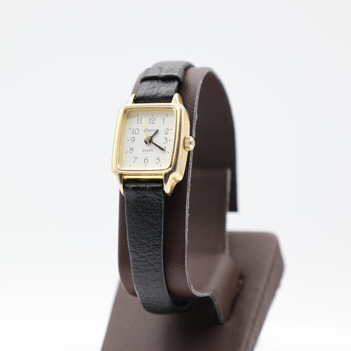 Quantum Women's Small Square Watch with Gold Trim and Black Leather Band
