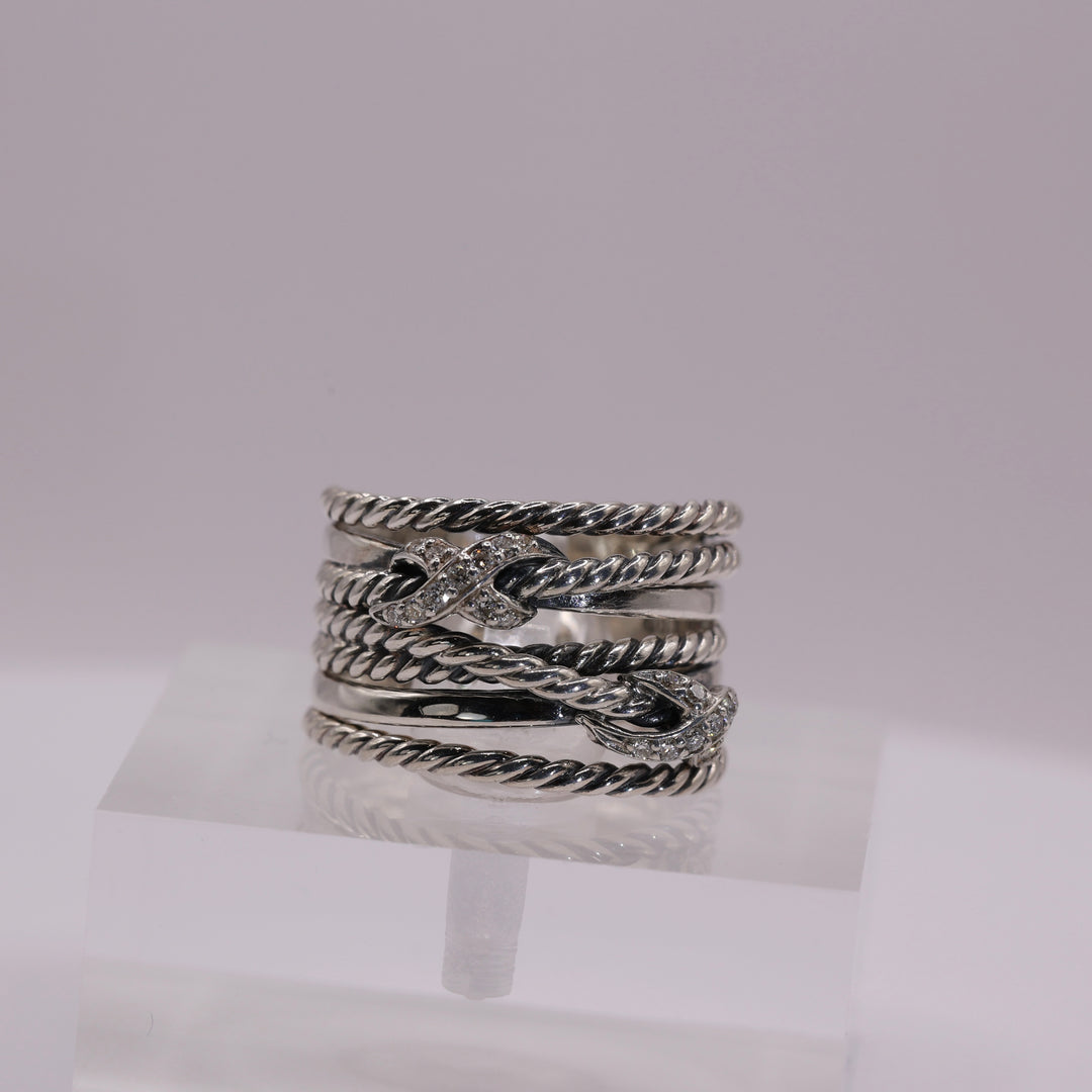 925 Sterling Silver David Yurman Double X Cross Over Ring with Diamonds - Size 6.5