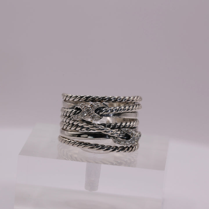 925 Sterling Silver David Yurman Double X Cross Over Ring with Diamonds - Size 6.5