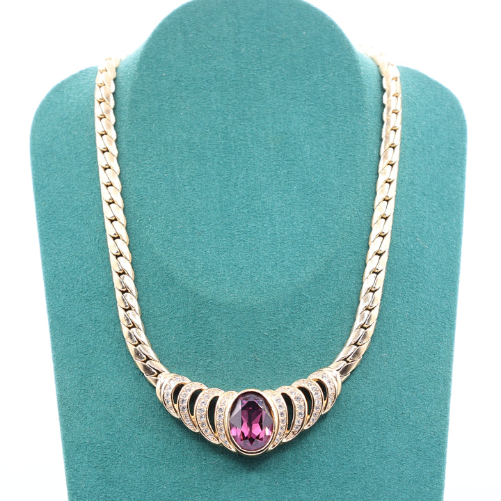 Christian Dior Yellow Gold Plated Large Oval Amethyst Crystal Necklace