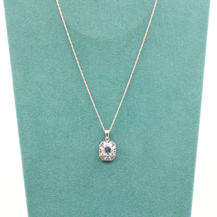 10k Yellow Gold Blue Topaz and White Diamond Filigree Pendant Necklace - 9.5 in.