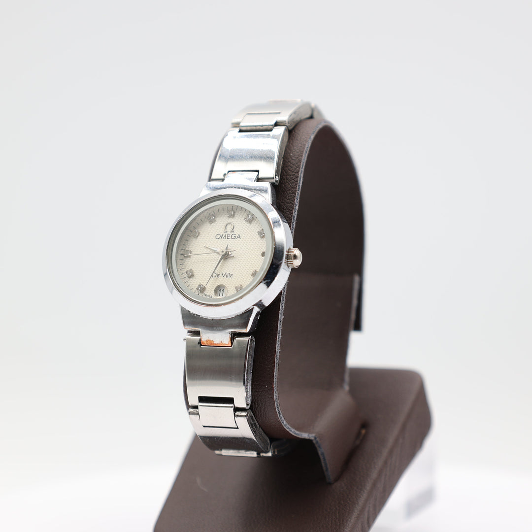 Omega De Ville Swiss Silver Watch with White Diamonds in Dial