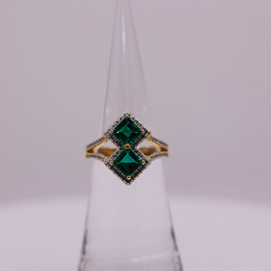 925 Silver Gold Plated Synthetic Emerald and CZ Ring - Size 5