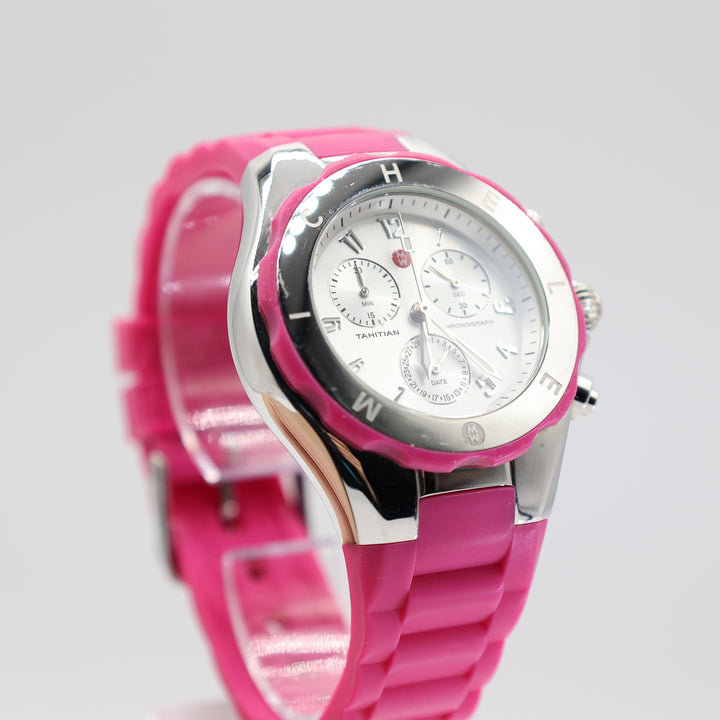 Michele Silver Tahitian With Pink Bezel and matching Pink Jelly Band