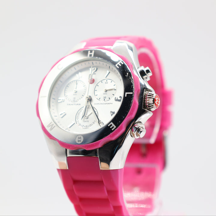 Michele Silver Tahitian With Pink Bezel and matching Pink Jelly Band