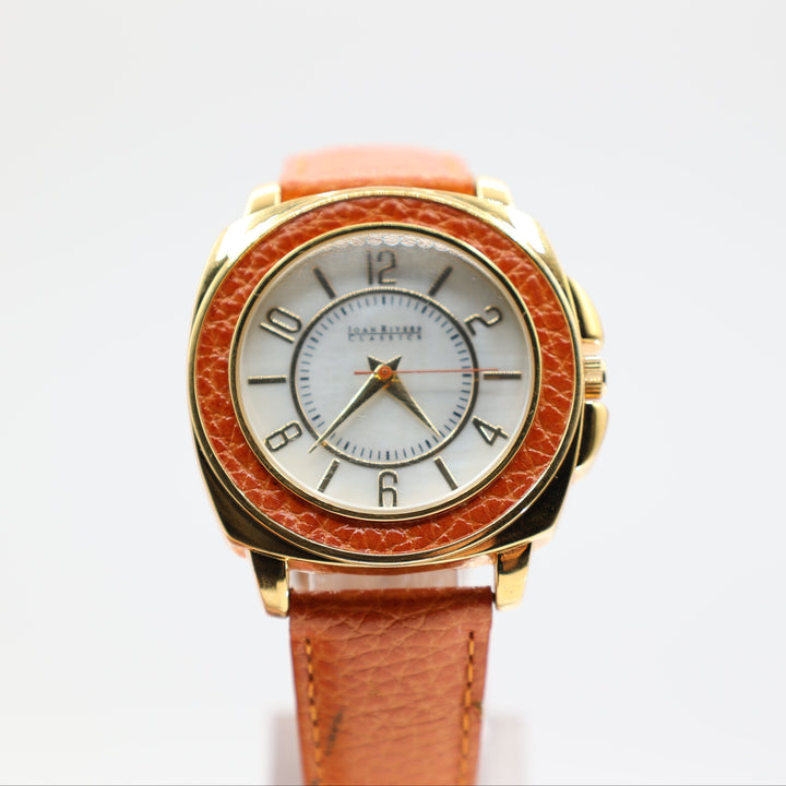 Joan Rivers Yellow Gold and Orange Leather Bezel with maxing Orange Band