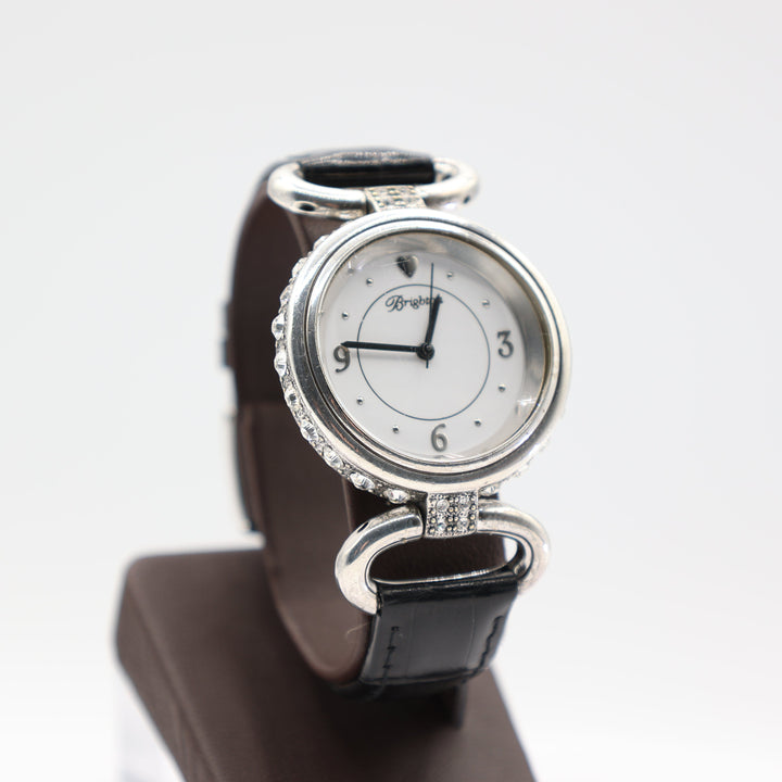 Brighton Women's Watch Stainless Steel w/ Black Leather Band and Rhinestones around Dial