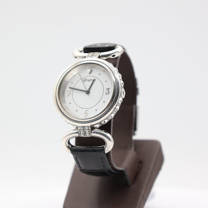 Brighton Women's Watch Stainless Steel w/ Black Leather Band and Rhinestones around Dial