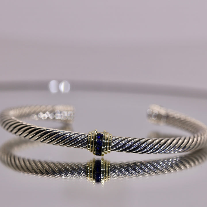 925 Sterling Silver and 14k Yellow Gold David Yurman Genuine Sapphire Cable Cuff Bracelet