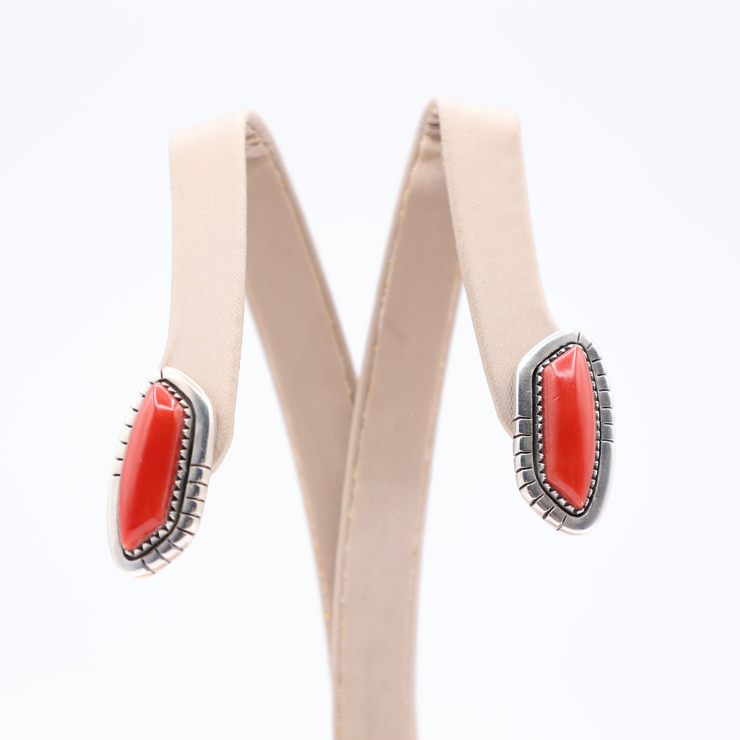 925 Sterling Silver Coral Red Southwest Style Earrings Set