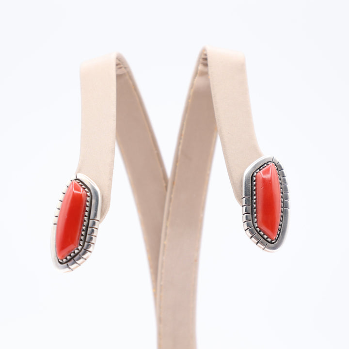 925 Sterling Silver Coral Red Southwest Style Earrings Set