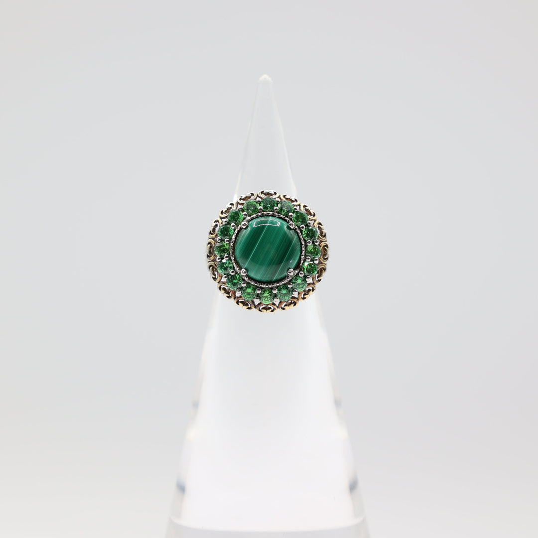 Dual Tone Ring with Rhinestones and Accented Malachite Size- 7