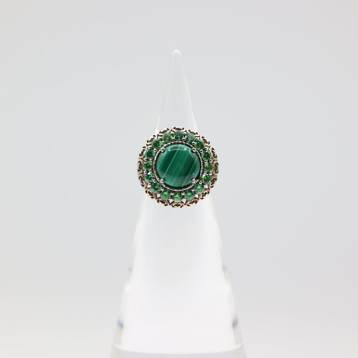 Dual Tone Ring with Rhinestones and Accented Malachite Size- 7