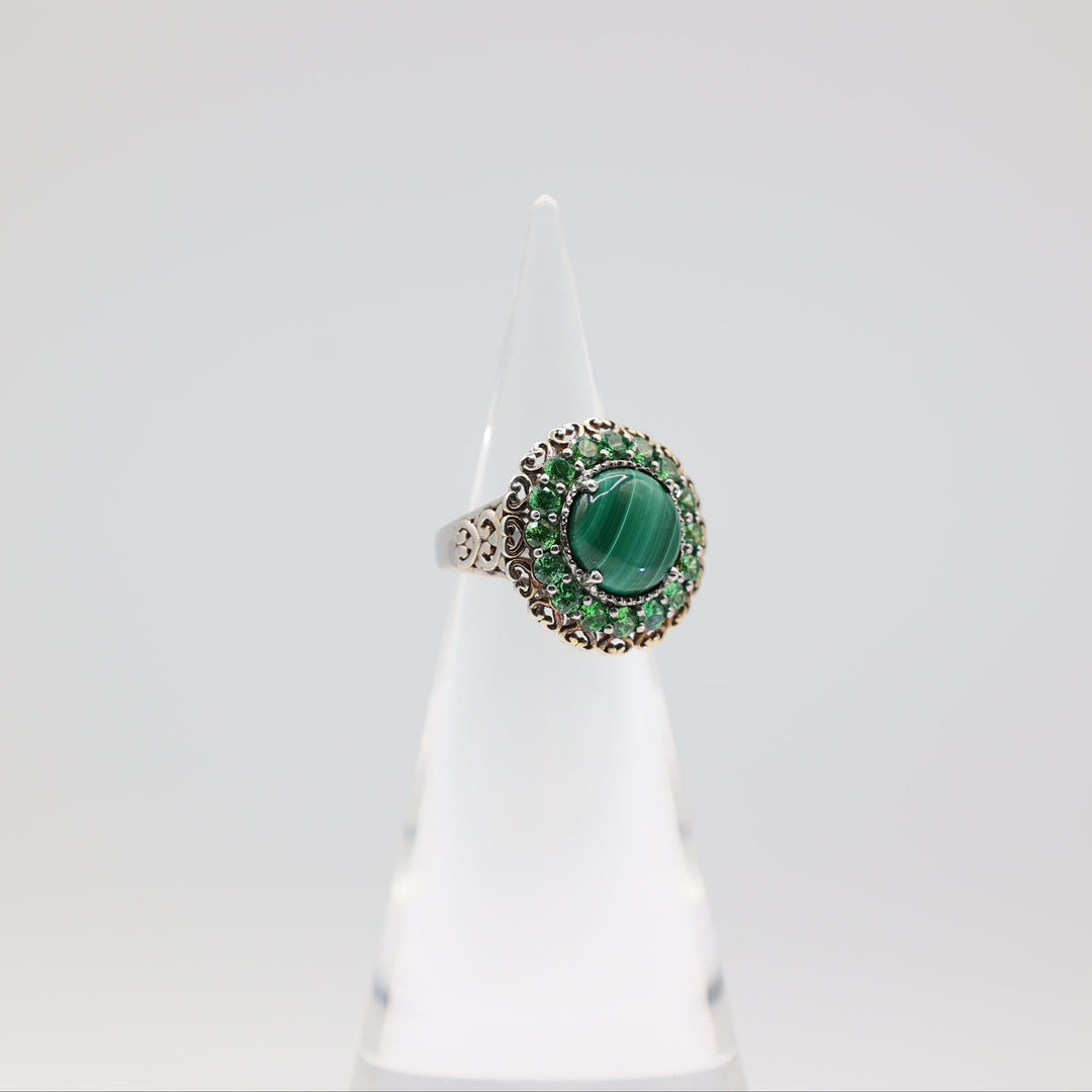 Dual Tone Ring with Rhinestones and Accented Malachite Size- 7