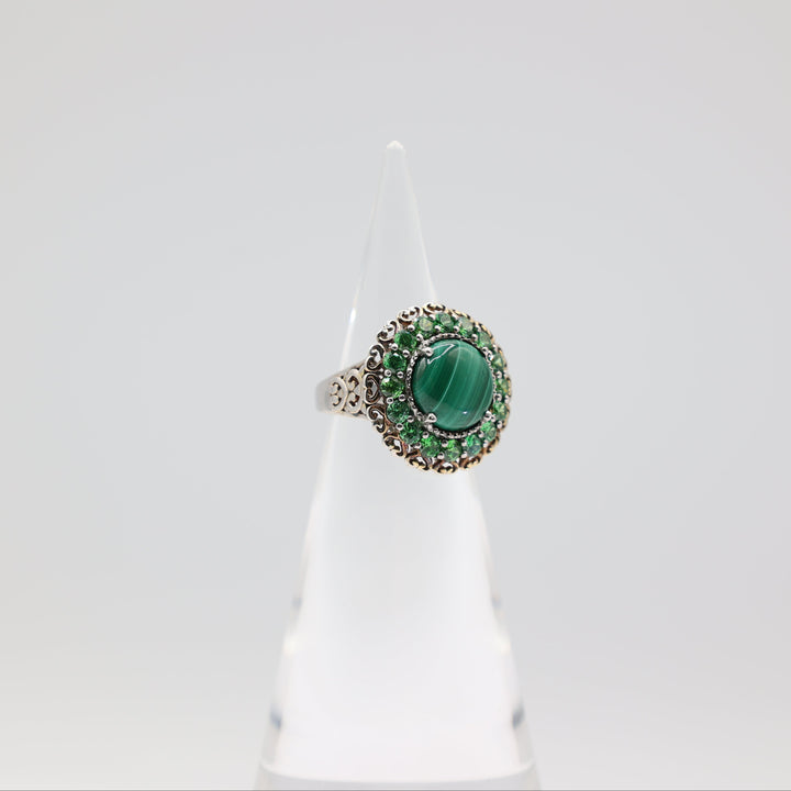 Dual Tone Ring with Rhinestones and Accented Malachite Size- 7