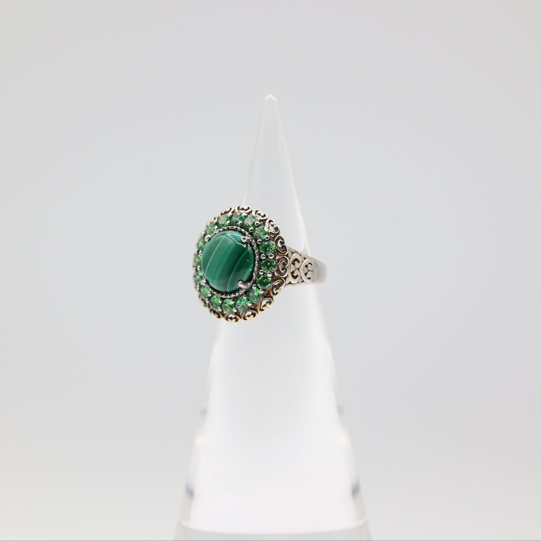 Dual Tone Ring with Rhinestones and Accented Malachite Size- 7