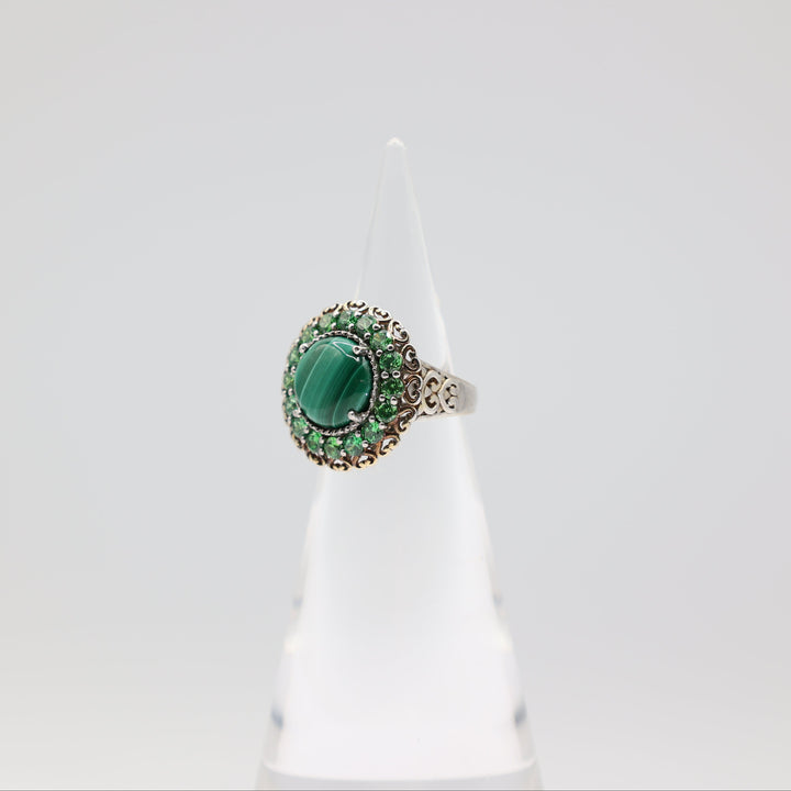 Dual Tone Ring with Rhinestones and Accented Malachite Size- 7