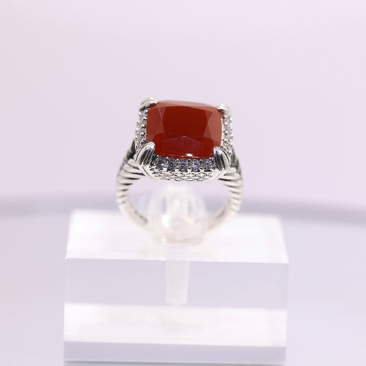 925 Sterling Silver Judith Ripka Ring with Cubic Zirconia and Red Carnelian - Size 6