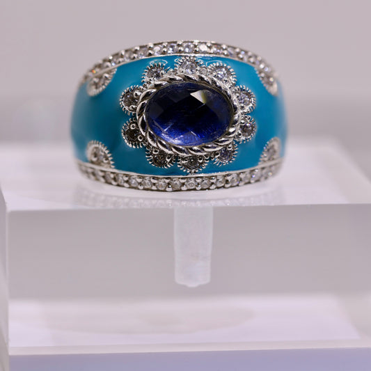 925 Sterling Silver Judith Ripka Diamonique Turquoise Enamel Ring - Size 6