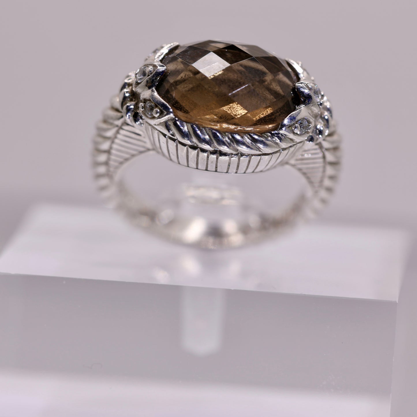 925 Sterling Silver Judith Ripka Smokey Quartz Ring with Twisted Band Design- Size 6