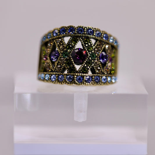 Heidi Daus Brass "X" Ring with Colorful Crystals - Size 6