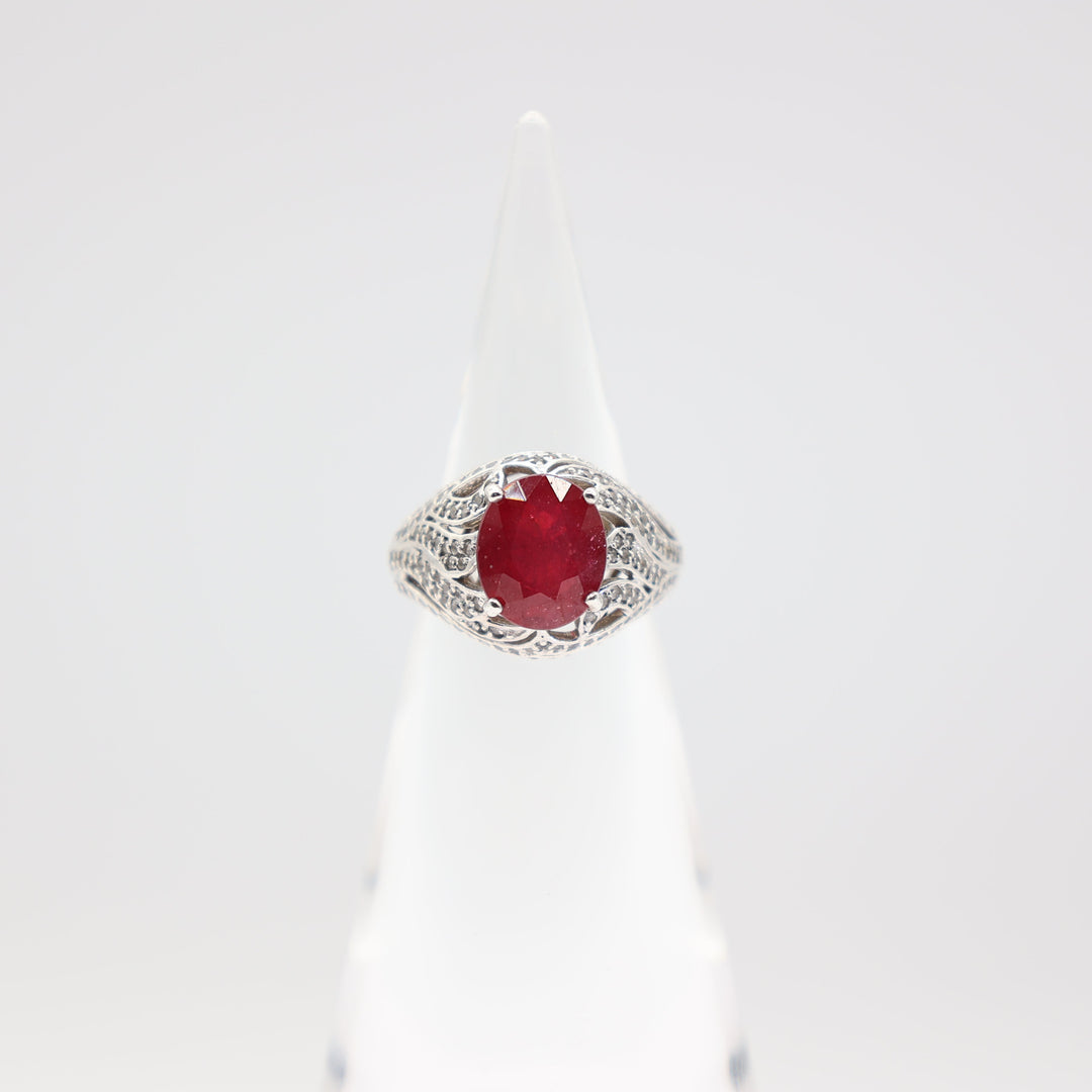 925 Silver Ruby Statement Ring 12mmx10mm White CZ Size 9