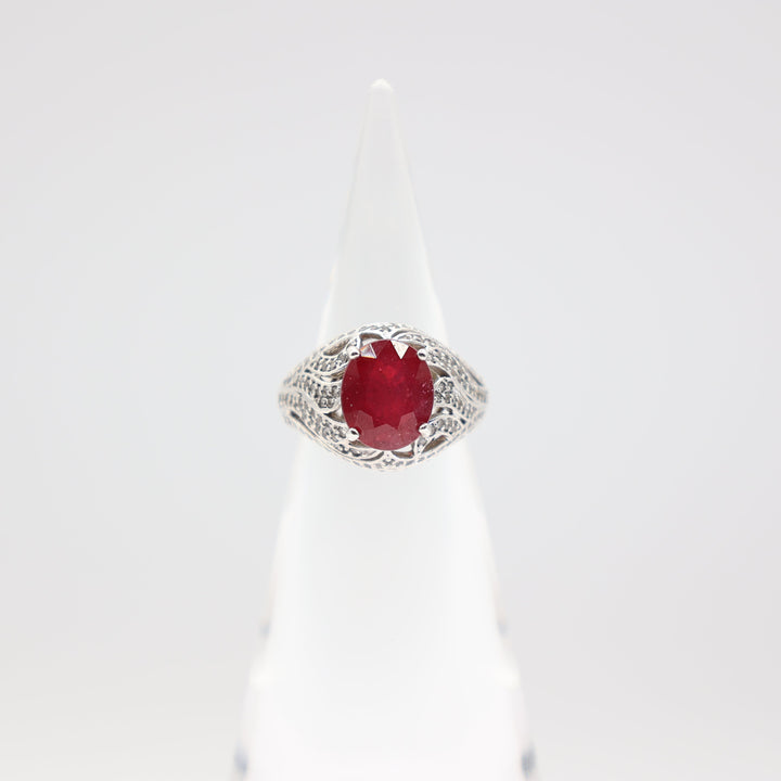925 Silver Ruby Statement Ring 12mmx10mm White CZ Size 9
