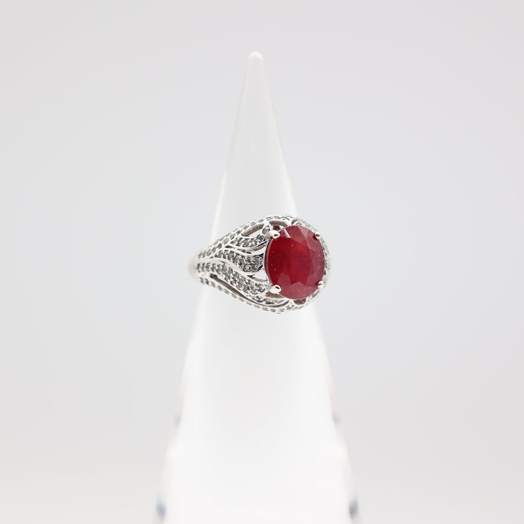 925 Silver Ruby Statement Ring 12mmx10mm White CZ Size 9