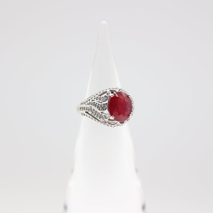 925 Silver Ruby Statement Ring 12mmx10mm White CZ Size 9