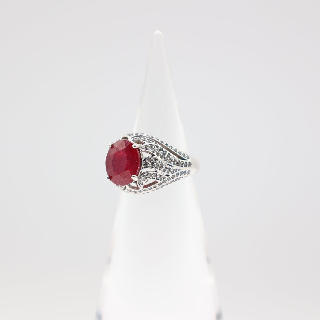 925 Silver Ruby Statement Ring 12mmx10mm White CZ Size 9