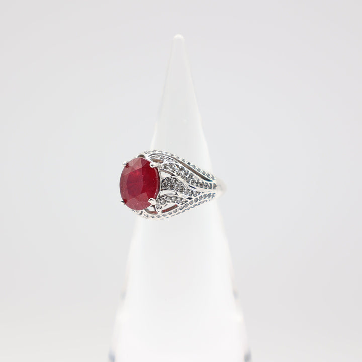 925 Silver Ruby Statement Ring 12mmx10mm White CZ Size 9