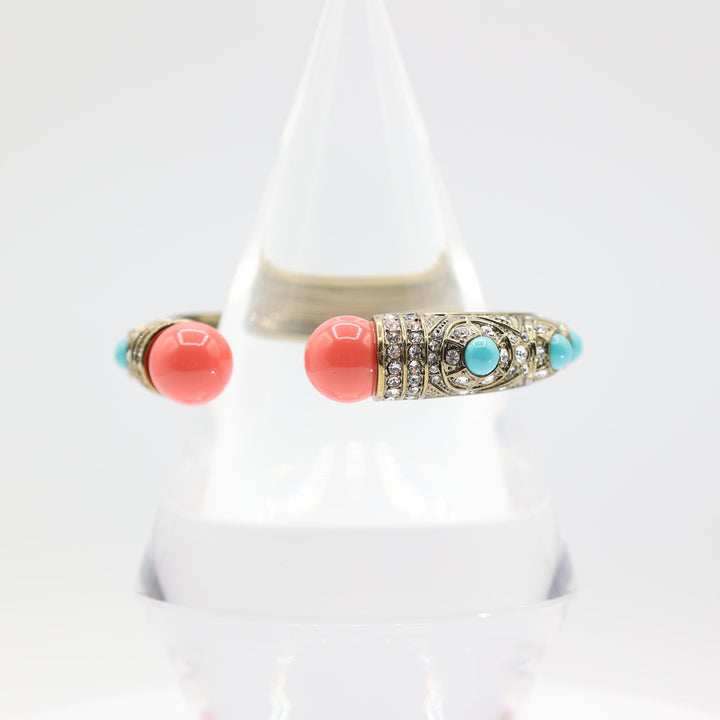 Heidi Daus Encrusted Bangle Bracelet with Swarovski Crystals, Turquoise Cabochons and Coral