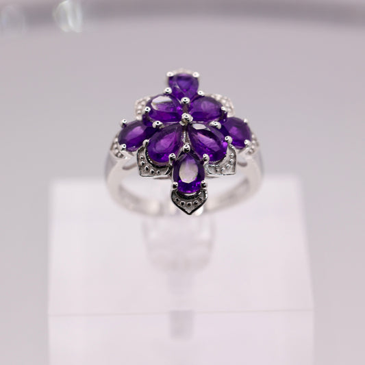 925 Sterling Silver Flower Clusters Amethyst Ring - Size 7