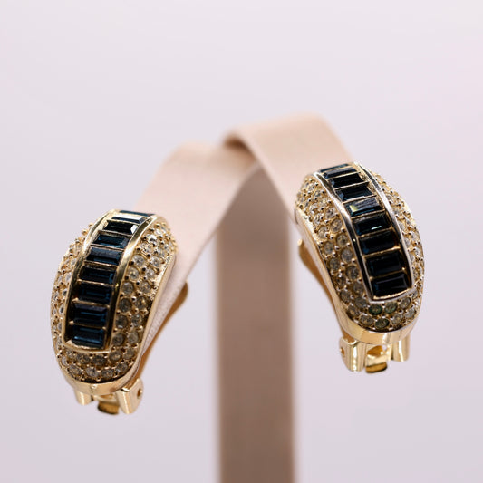 Christian Dior Gold plated 1970's Blue Sapphire and White Crystal Hoop Clip Earrings