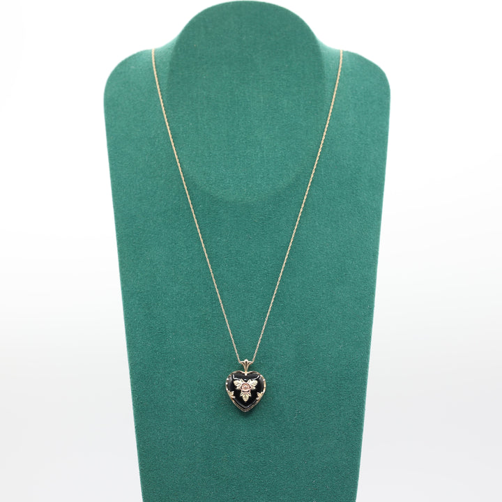 10k Yellow Gold Vintage Black Heart Enamel with Yellow Gold Accent Necklace