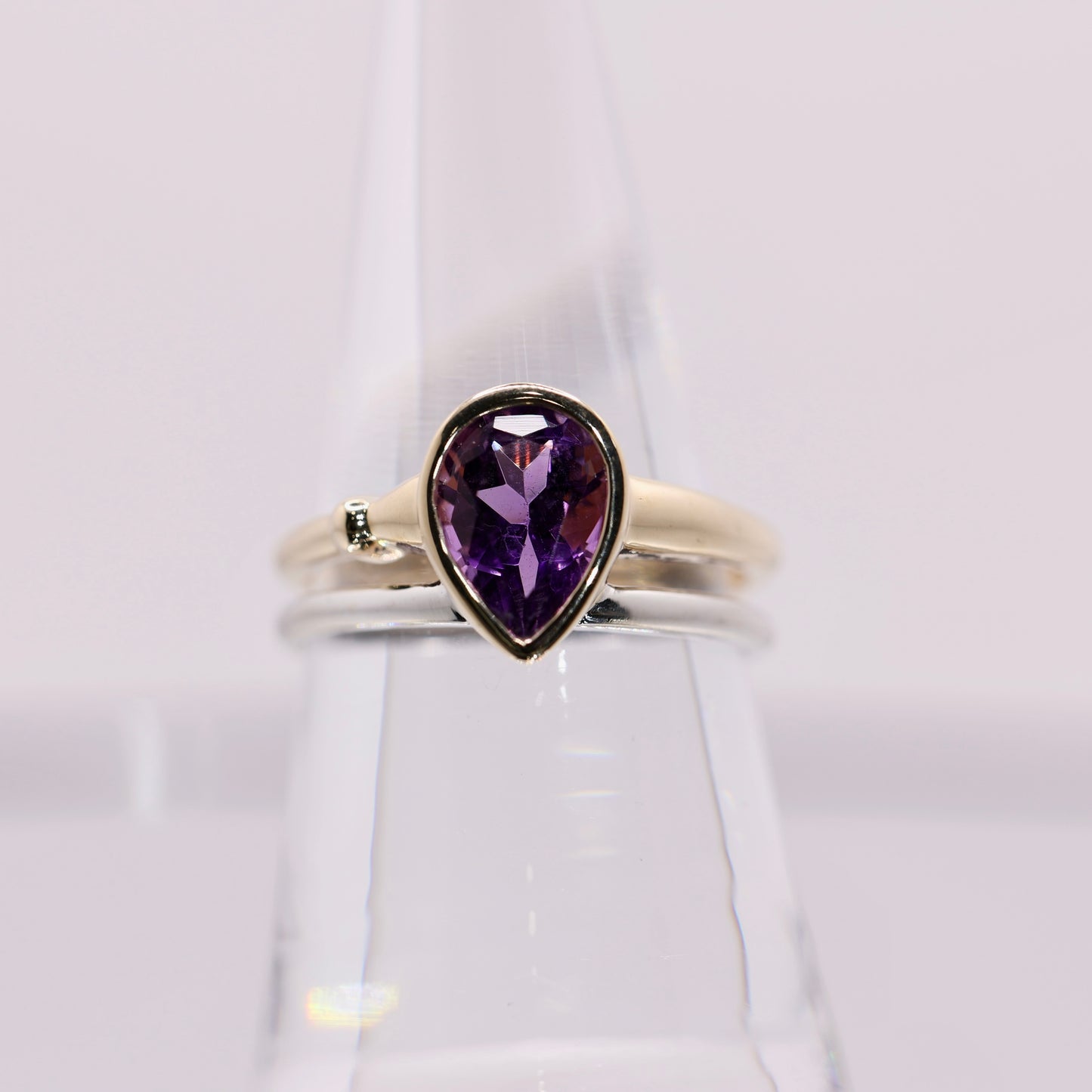 14k Yellow Gold and 14k White Gold Tear Drop Amethyst Ring - Size 8